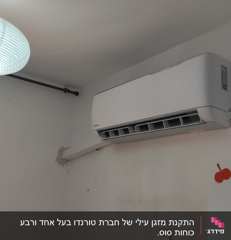 מזגן קיר לבן מותקן על קיר בחדר